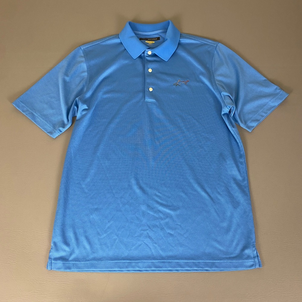 Greg Norman PLAY DRY Polo Shirt‎ Men's Medium Blue Golf Short Sleeve Shark Logo